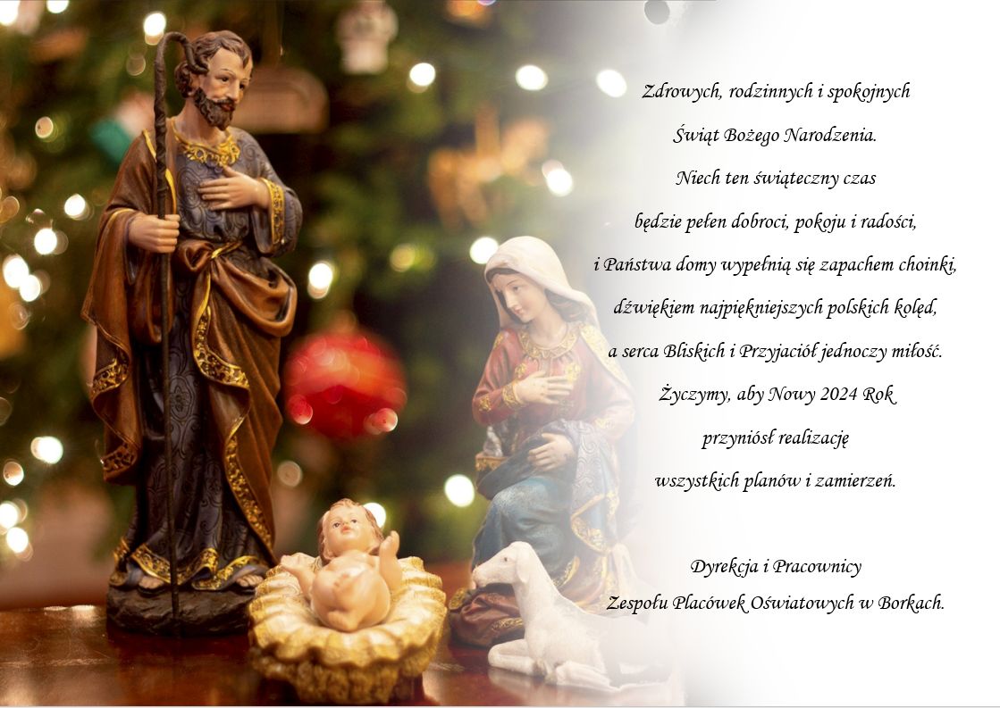 Życzenia Noworoczne widoczne trzy postacie Maryja, Józef i dzieciątko